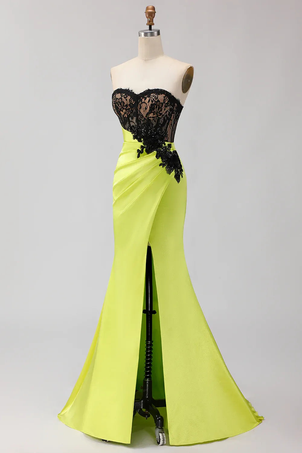 Mermaid Strapless Ruched Lace Appliqued Black Green Long Prom Dress With Slit
