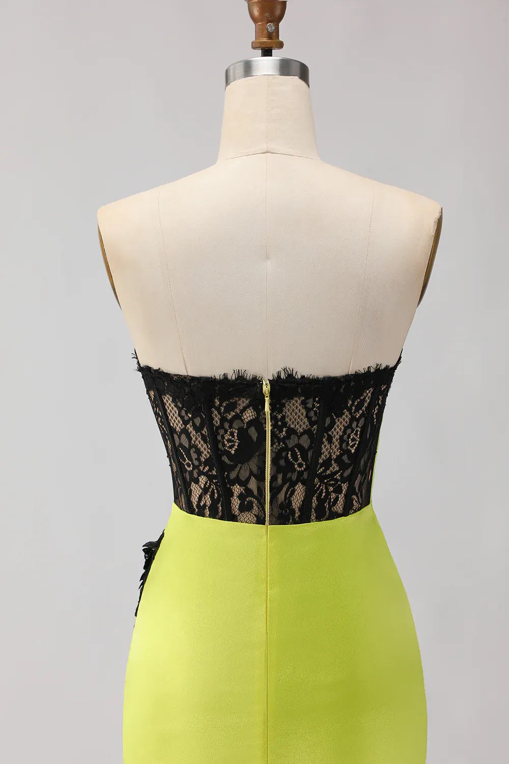 Mermaid Strapless Ruched Lace Appliqued Black Green Long Prom Dress With Slit