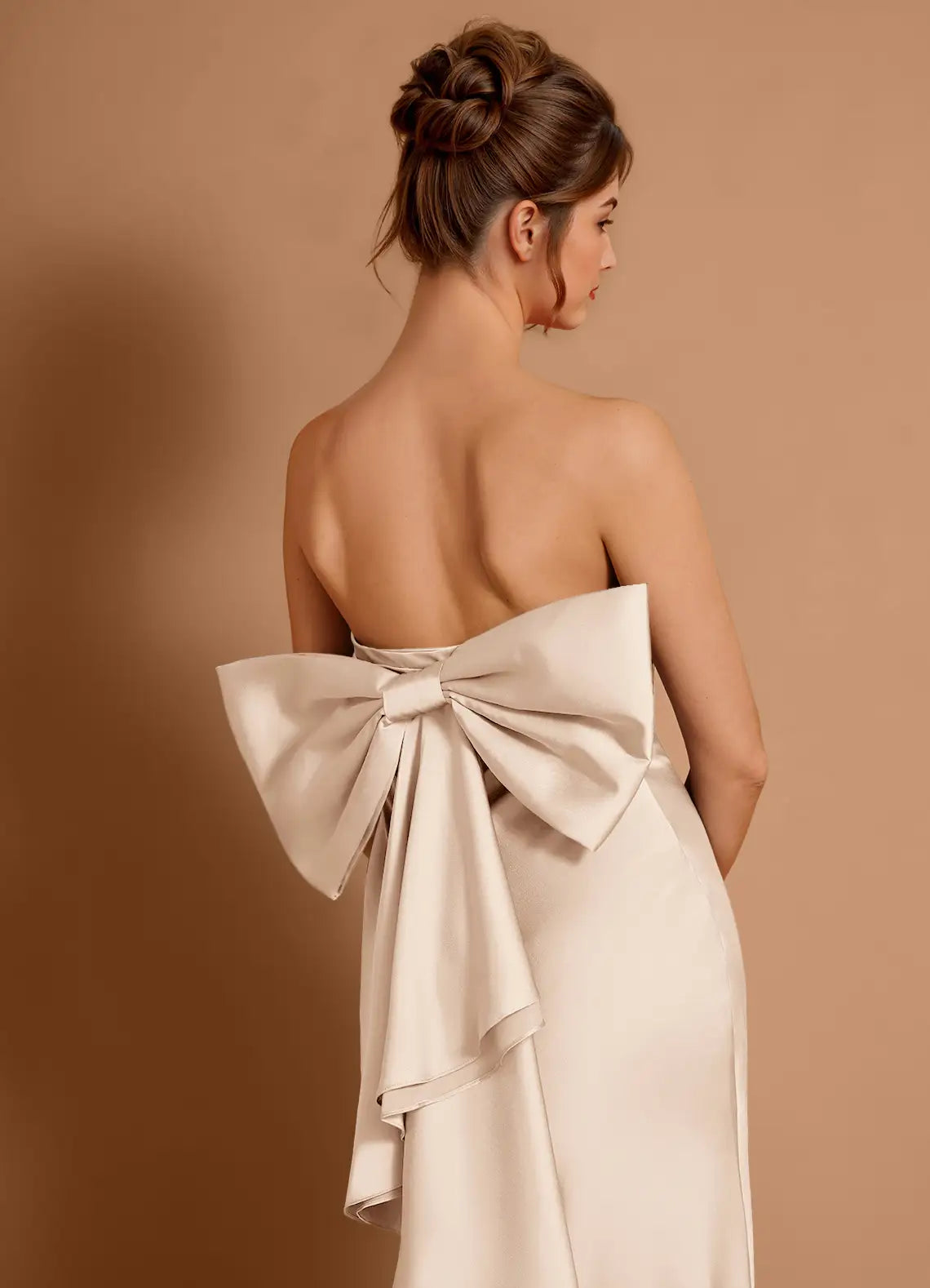 Mermaid Strapless Ruffle Satin Cream Maxi Evening Dress With Big Bow