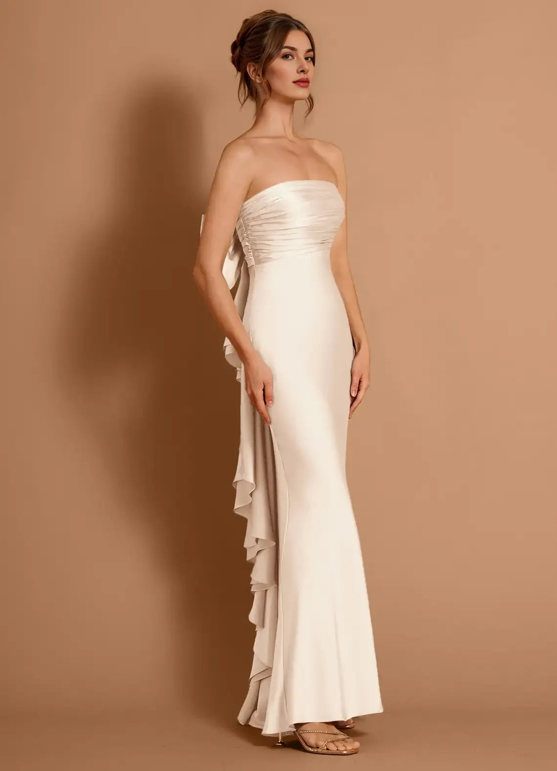 Mermaid Strapless Ruffle Satin Cream Maxi Evening Dress With Big Bow