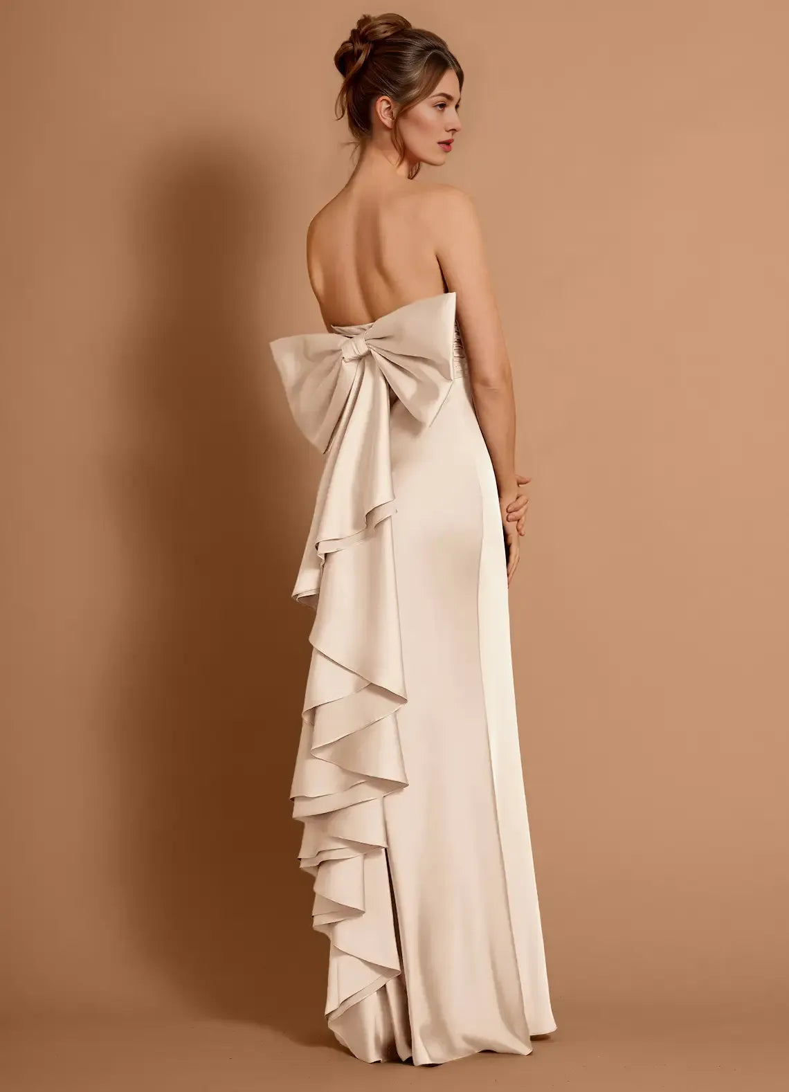 Mermaid Strapless Ruffle Satin Cream Maxi Evening Dress With Big Bow
