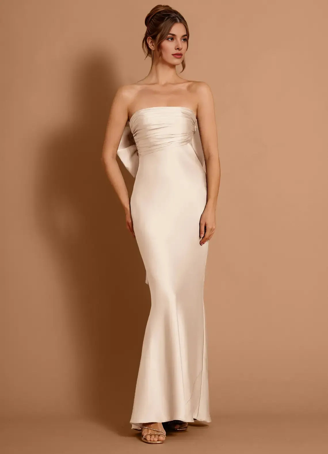 Mermaid Strapless Ruffle Satin Cream Maxi Evening Dress With Big Bow