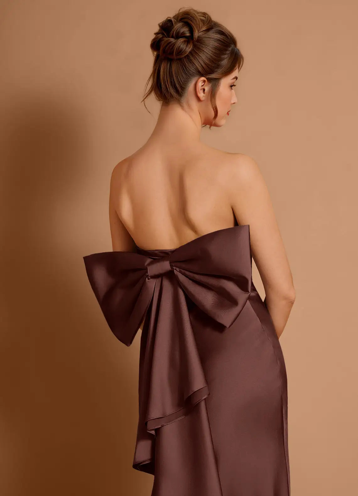 Mermaid Strapless Ruffle Satin Mocha Coco Maxi Evening Dress With Big Bow