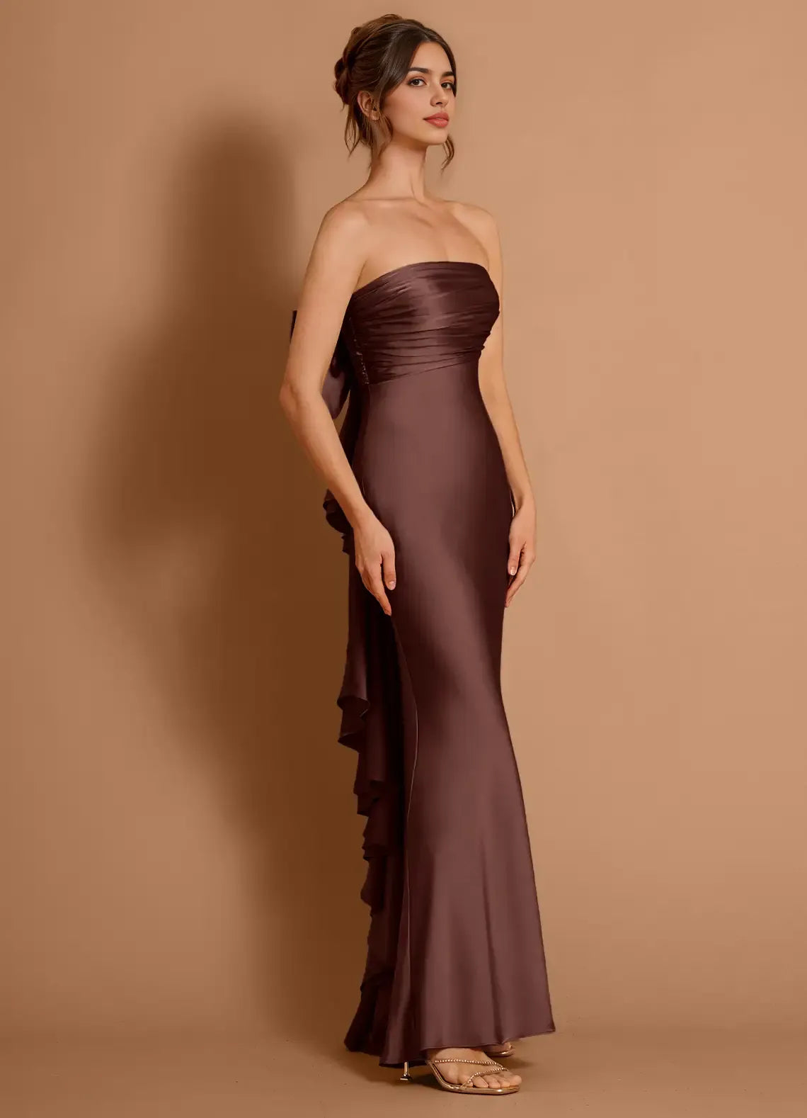 Mermaid Strapless Ruffle Satin Mocha Coco Maxi Evening Dress With Big Bow
