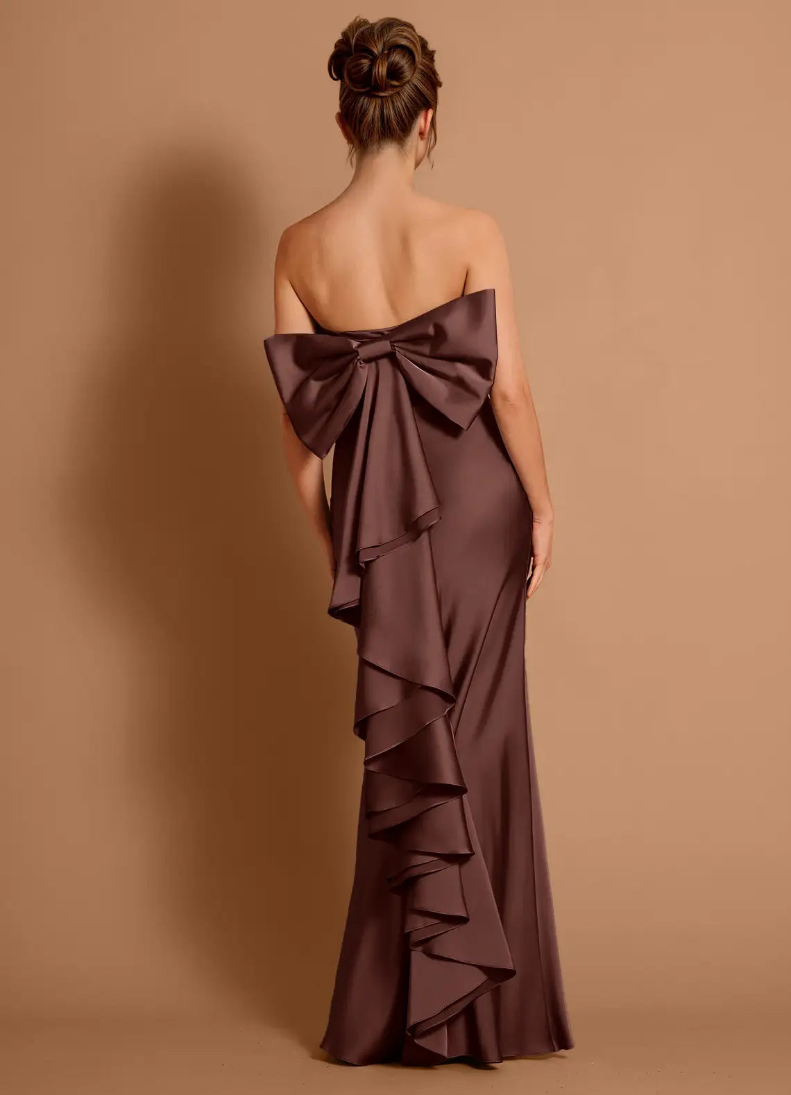 Mermaid Strapless Ruffle Satin Mocha Coco Maxi Evening Dress With Big Bow