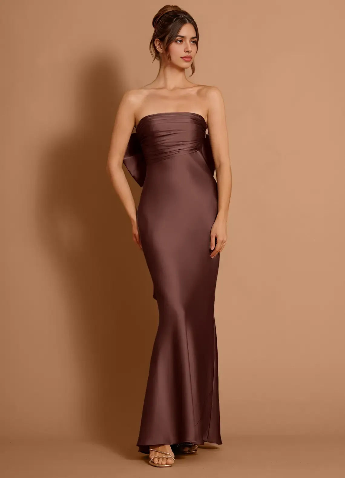 Mermaid Strapless Ruffle Satin Mocha Coco Maxi Evening Dress With Big Bow