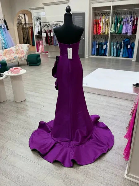 Mermaid Strapless Ruffle Satin Purple Sweep Train Prom Dress With Bow