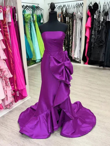 Mermaid Strapless Ruffle Satin Purple Sweep Train Prom Dress With Bow