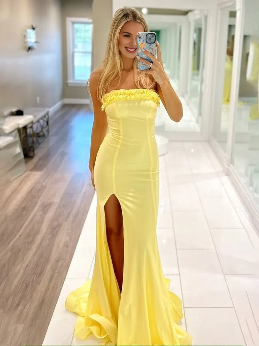 Mermaid Strapless Ruffled Satin Yellow Long Prom Dress With Side Slit