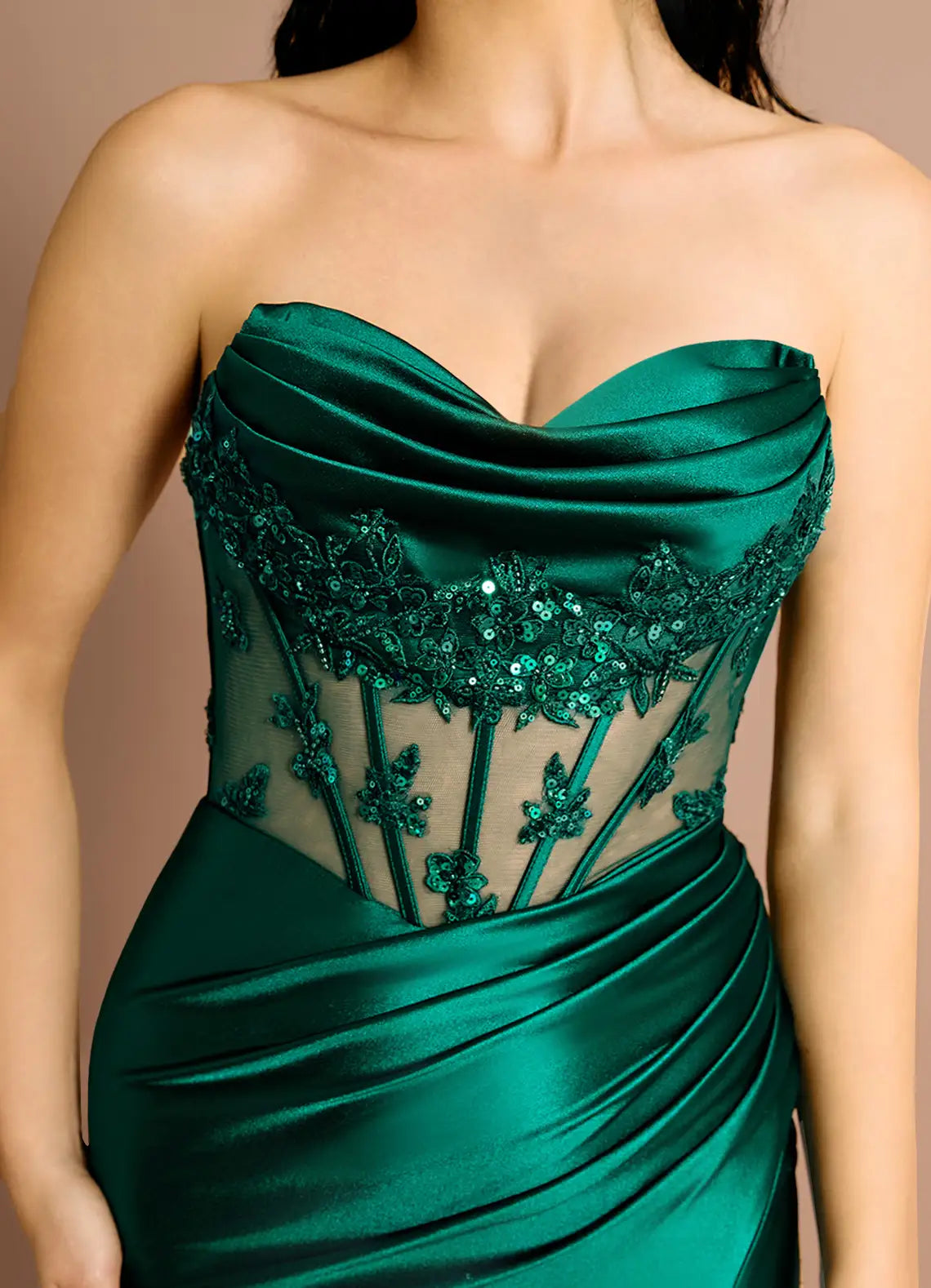 Mermaid Strapless Sequins Applique Sheer Satin Emerald Maxi Evening Dress