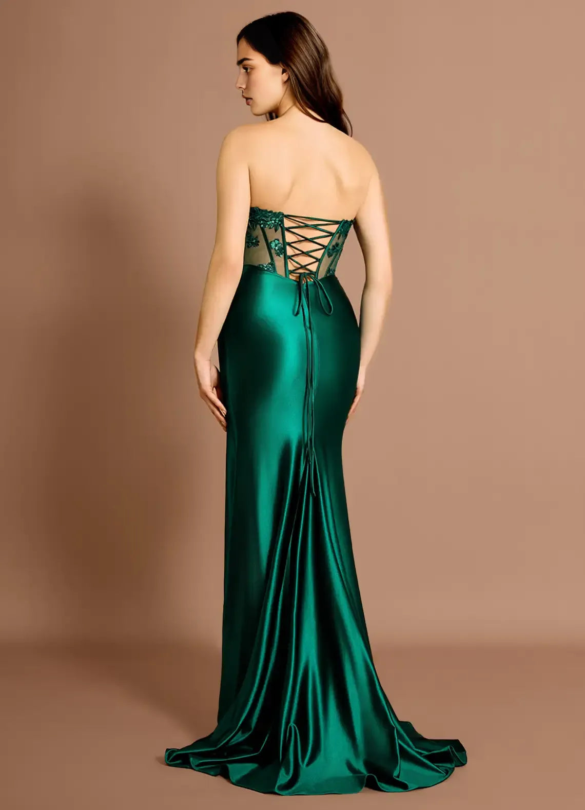 Mermaid Strapless Sequins Applique Sheer Satin Emerald Maxi Evening Dress