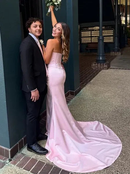 Mermaid Strapless Sleeveless Ruched Satin Blush Long Prom Dress With Slit