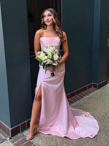 Mermaid Strapless Sleeveless Ruched Satin Blush Long Prom Dress With Slit