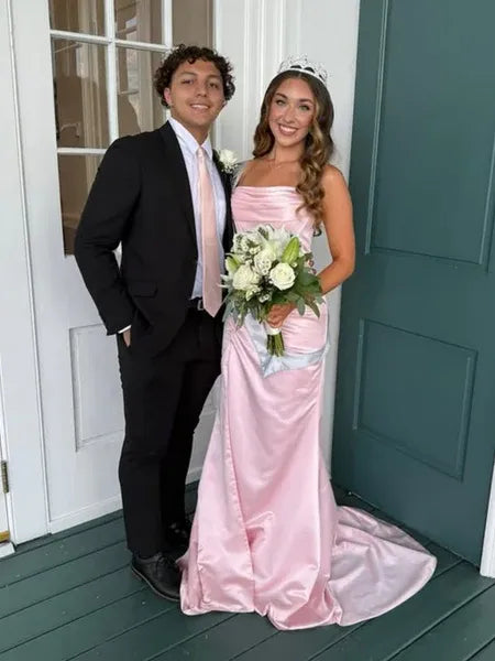 Mermaid Strapless Sleeveless Ruched Satin Blush Long Prom Dress With Slit