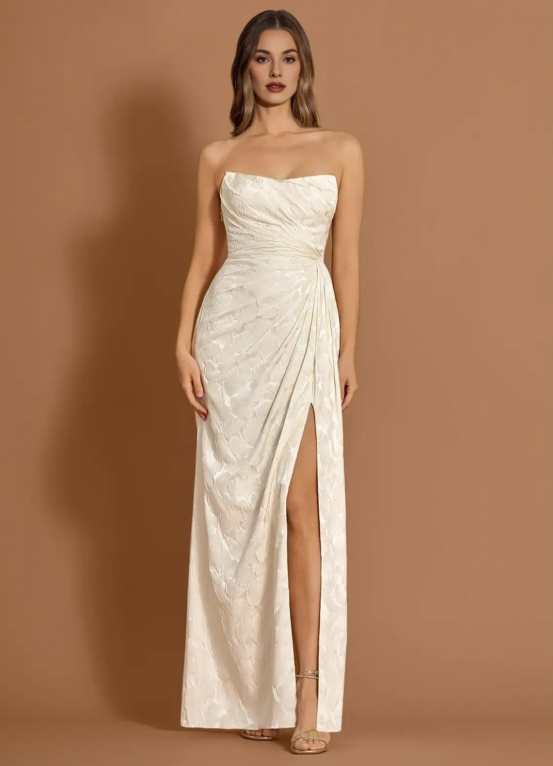 Mermaid Strapless Slit Jacquard White Maxi Evening Dress With Scarf