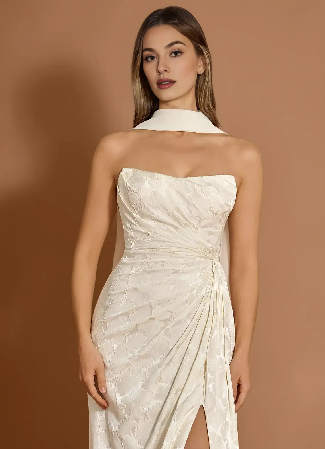 Mermaid Strapless Slit Jacquard White Maxi Evening Dress With Scarf