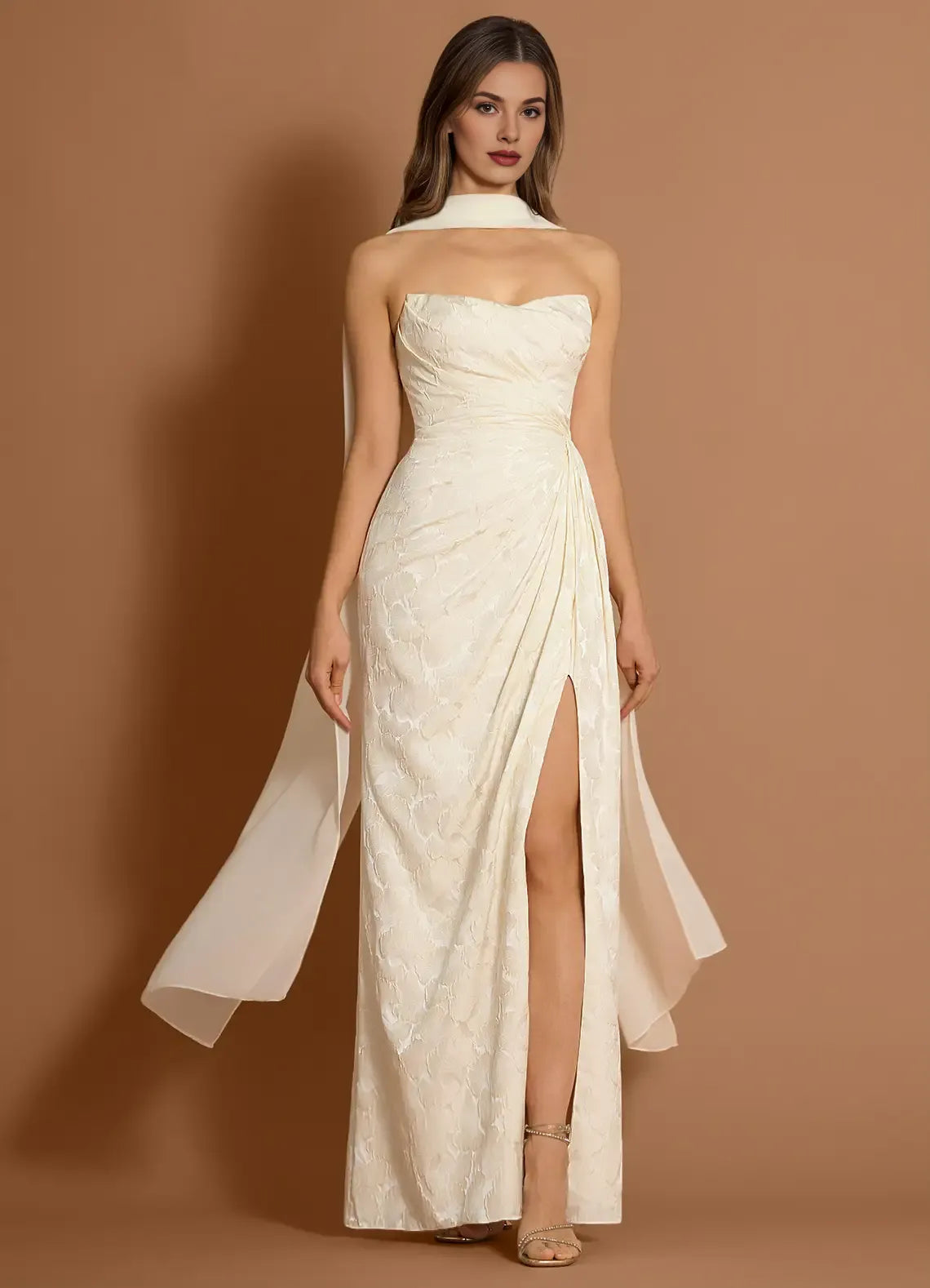 Mermaid Strapless Slit Jacquard White Maxi Evening Dress With Scarf