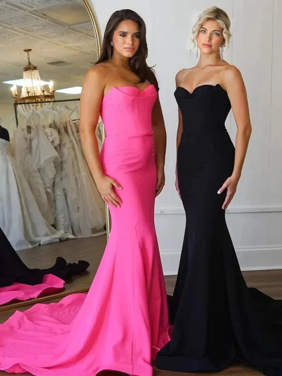 Mermaid Strapless Slit Satin Hot Pink Long Prom Dress With Sweep Train
