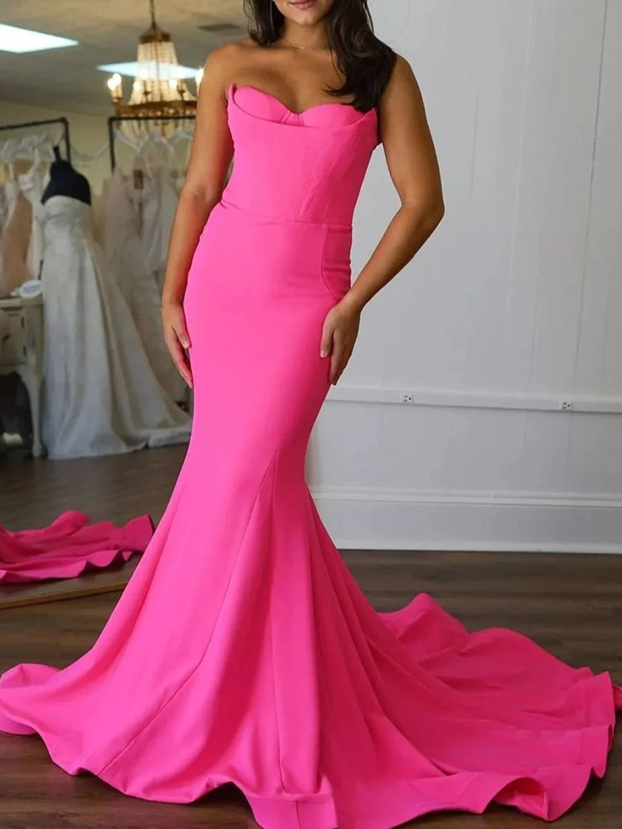 Mermaid Strapless Slit Satin Hot Pink Long Prom Dress With Sweep Train