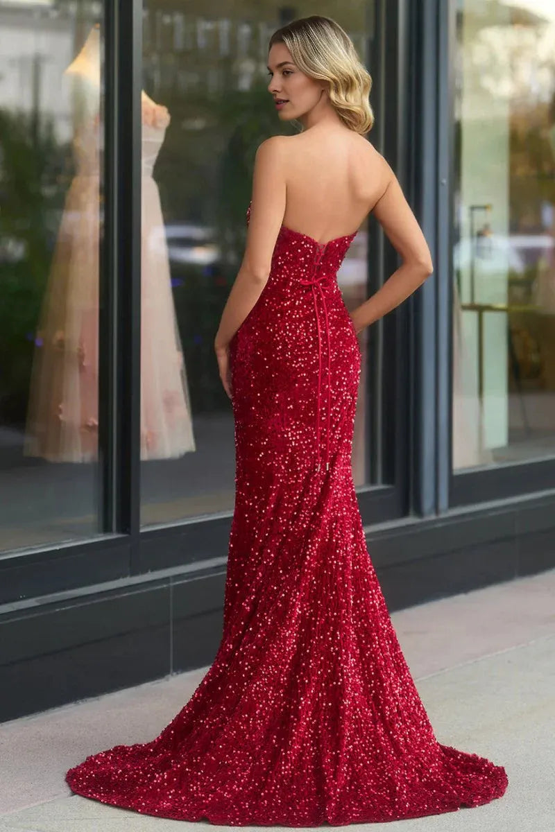 Mermaid Strapless Slit Sequins Red Long Evening Dress With Train