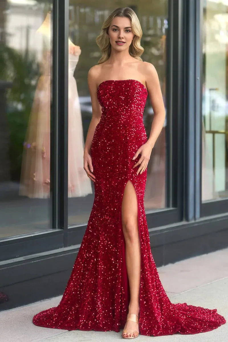 Mermaid Strapless Slit Sequins Red Long Evening Dress With Train
