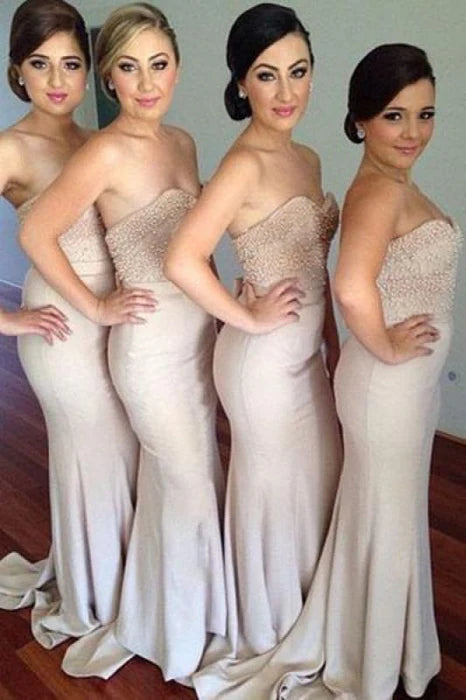 Mermaid Strapless Sweetheart Beaded Long Bridesmaid Dresses Sexy Prom Dress With Train
