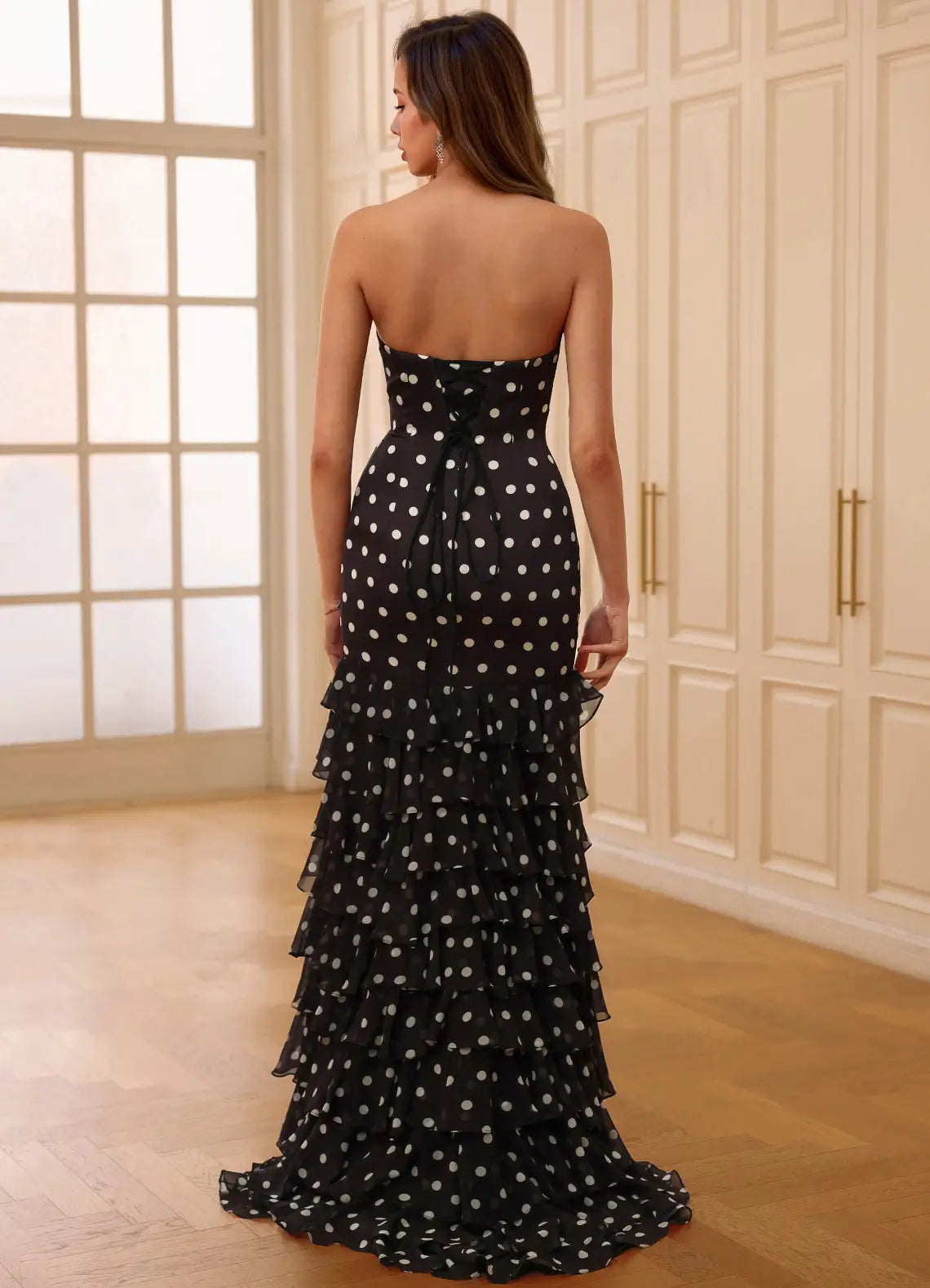 Mermaid Strapless Tiered Slit Polka-Dot Black Floor Length Prom Dress