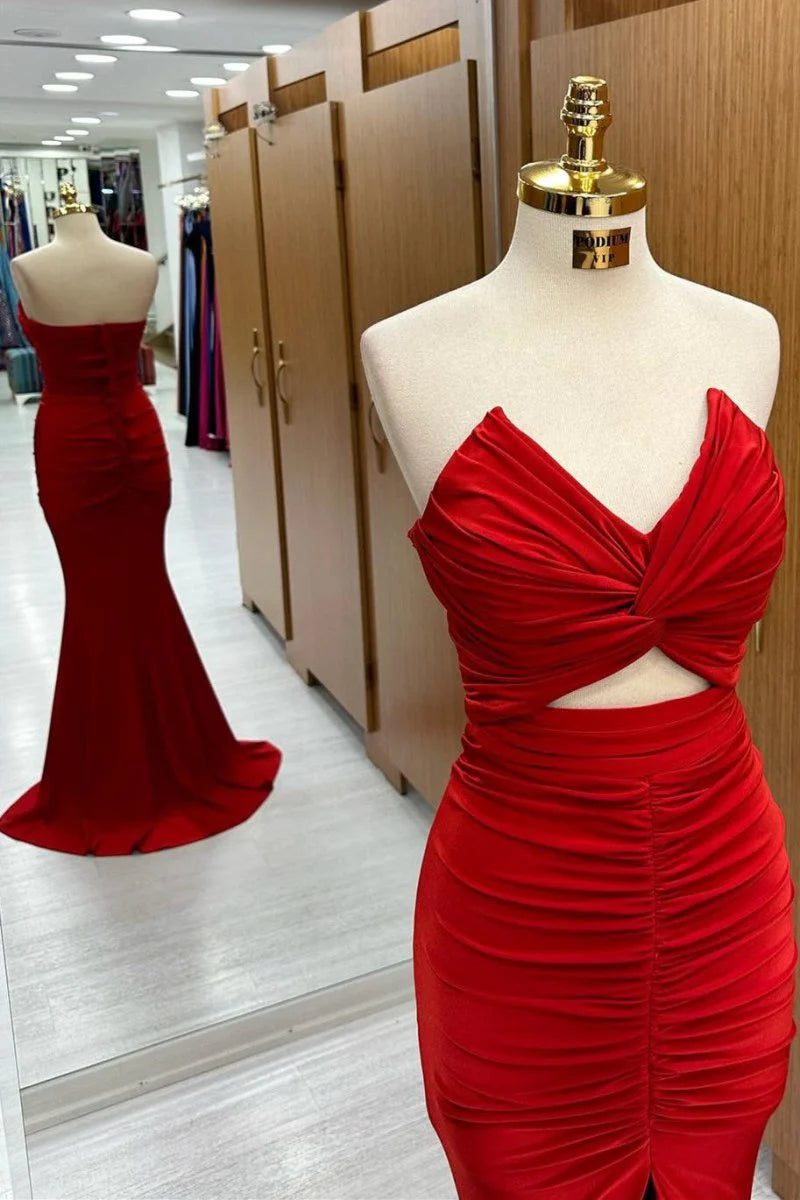 Mermaid Strapless Twisted Knot Keyhole Cutout Red Long Prom Dress Hot Sale