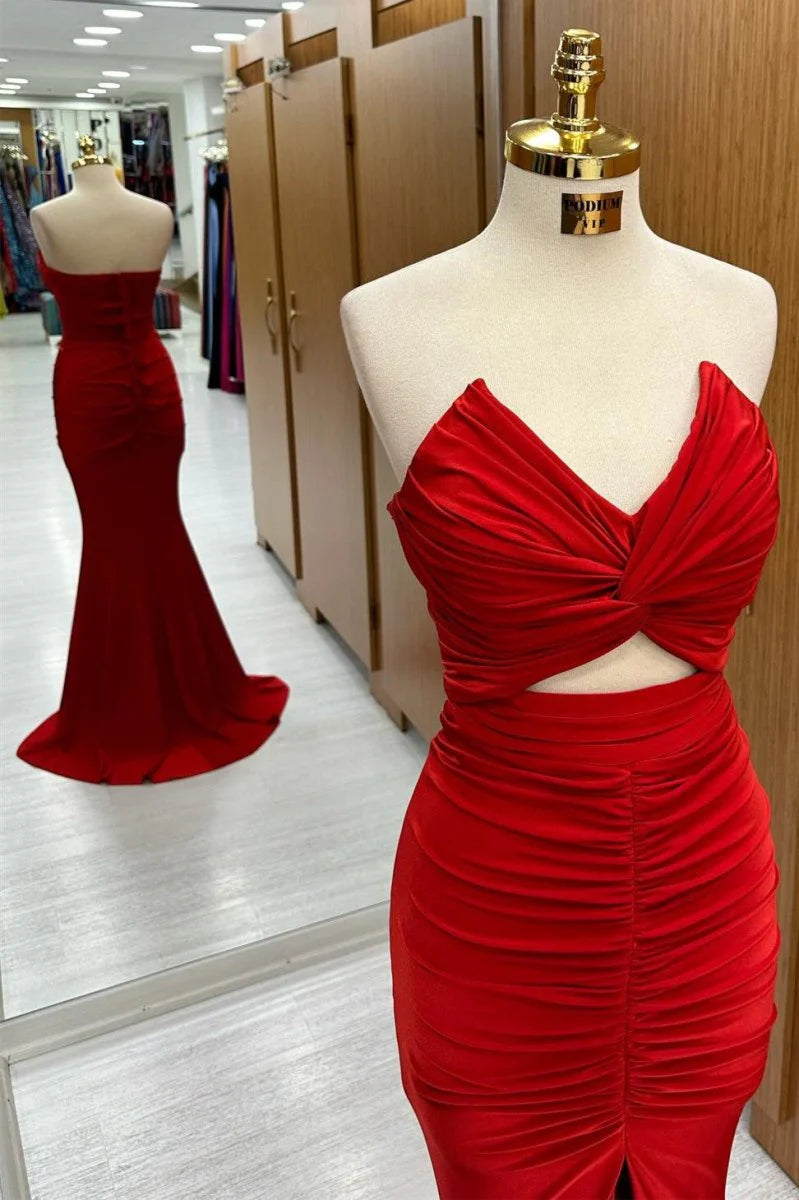 Mermaid Strapless Twisted Knot Keyhole Cutout Red Long Prom Dress Hot Sale