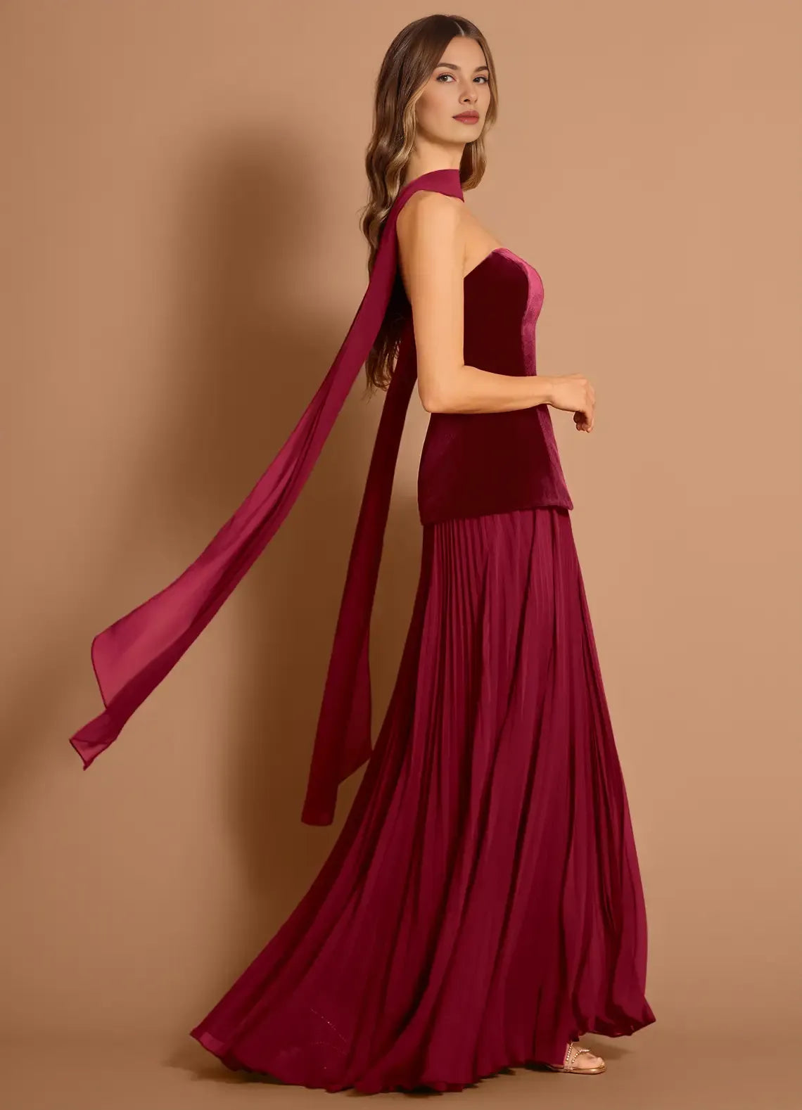 Mermaid Strapless Velvet Chiffon Merlot Maxi Evening Dress With Scarf