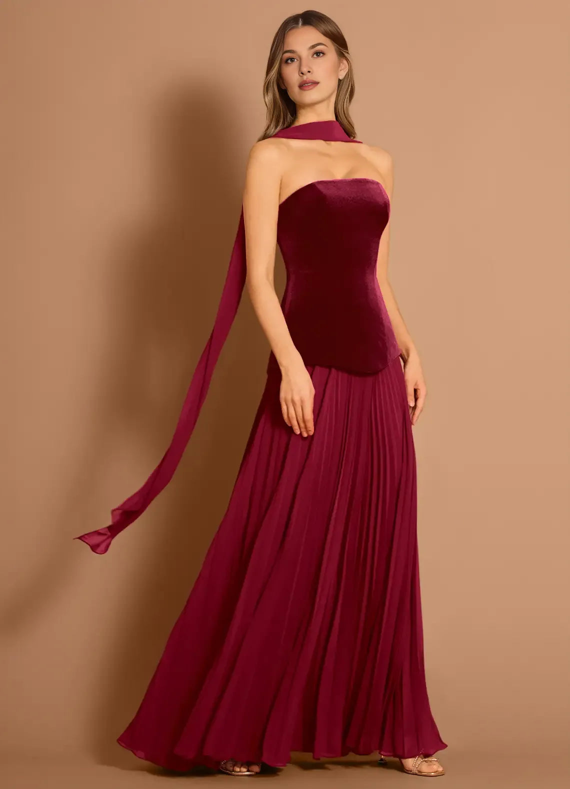 Mermaid Strapless Velvet Chiffon Merlot Maxi Evening Dress With Scarf