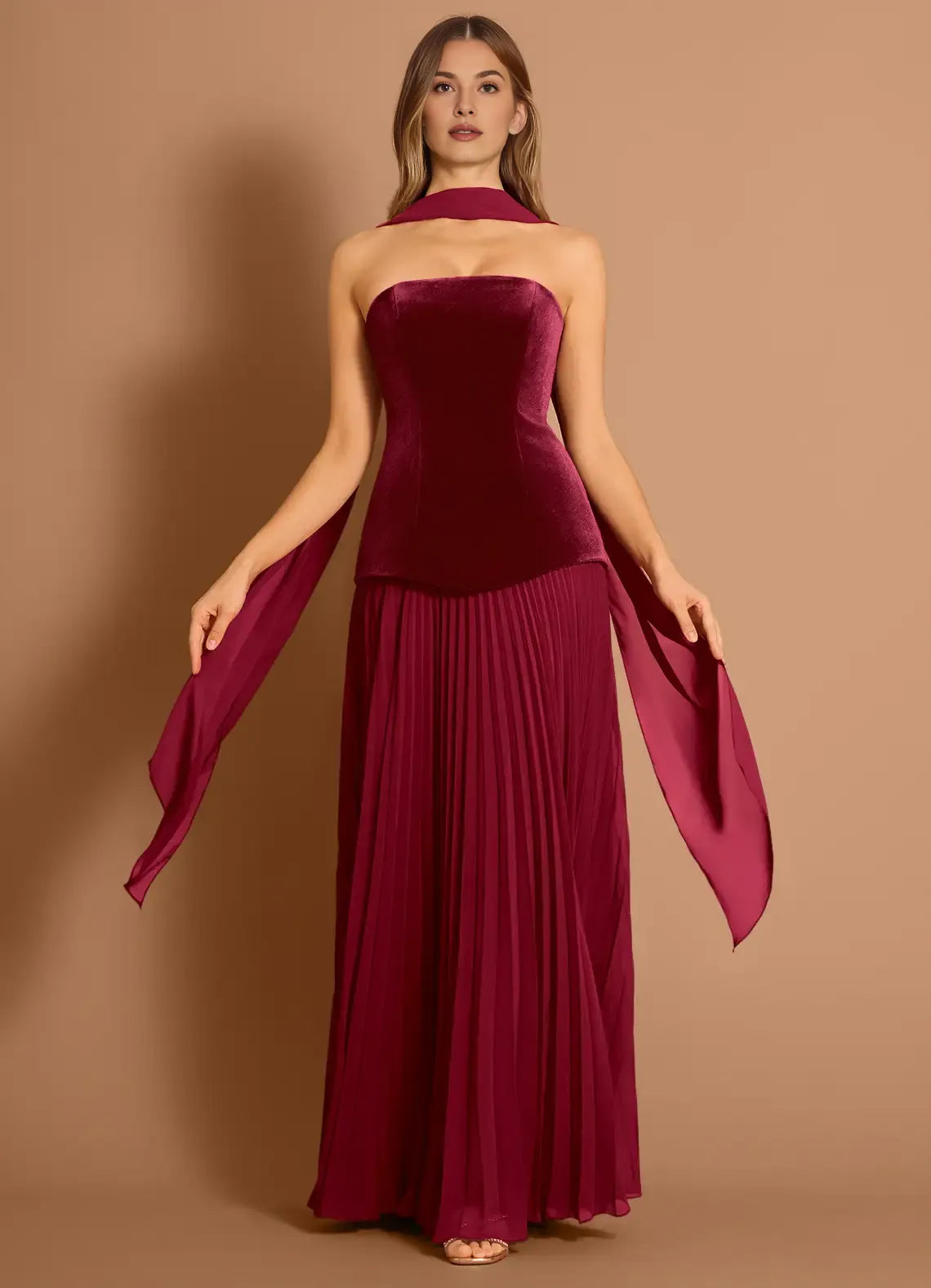 Mermaid Strapless Velvet Chiffon Merlot Maxi Evening Dress With Scarf