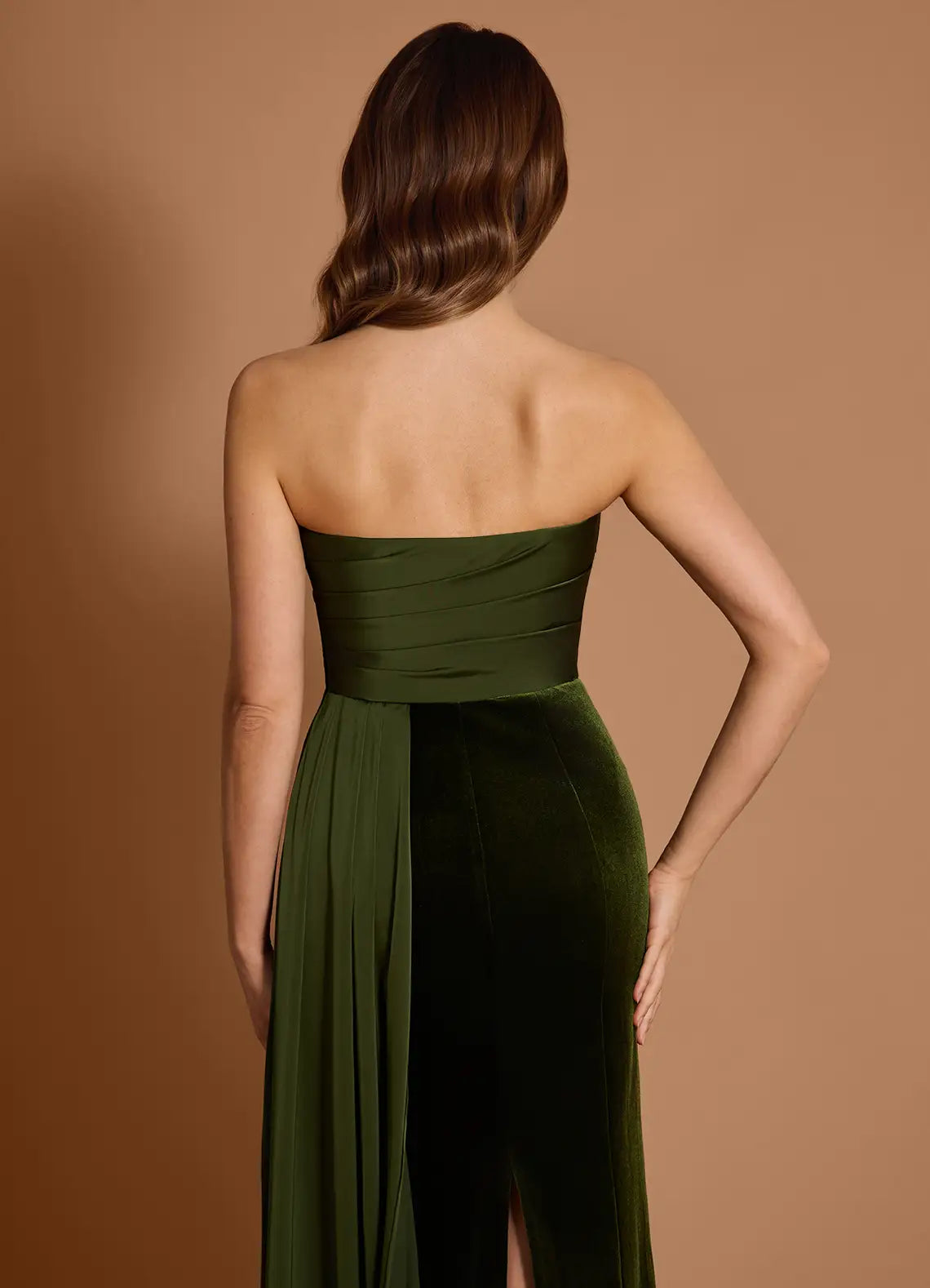 Mermaid Strapless Velvet Satin Olive Maxi Evening Dress With Streamer