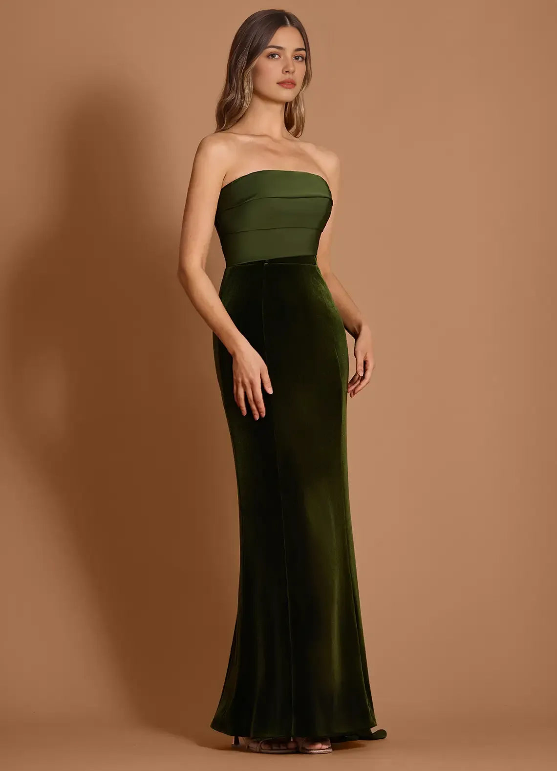 Mermaid Strapless Velvet Satin Olive Maxi Evening Dress With Streamer