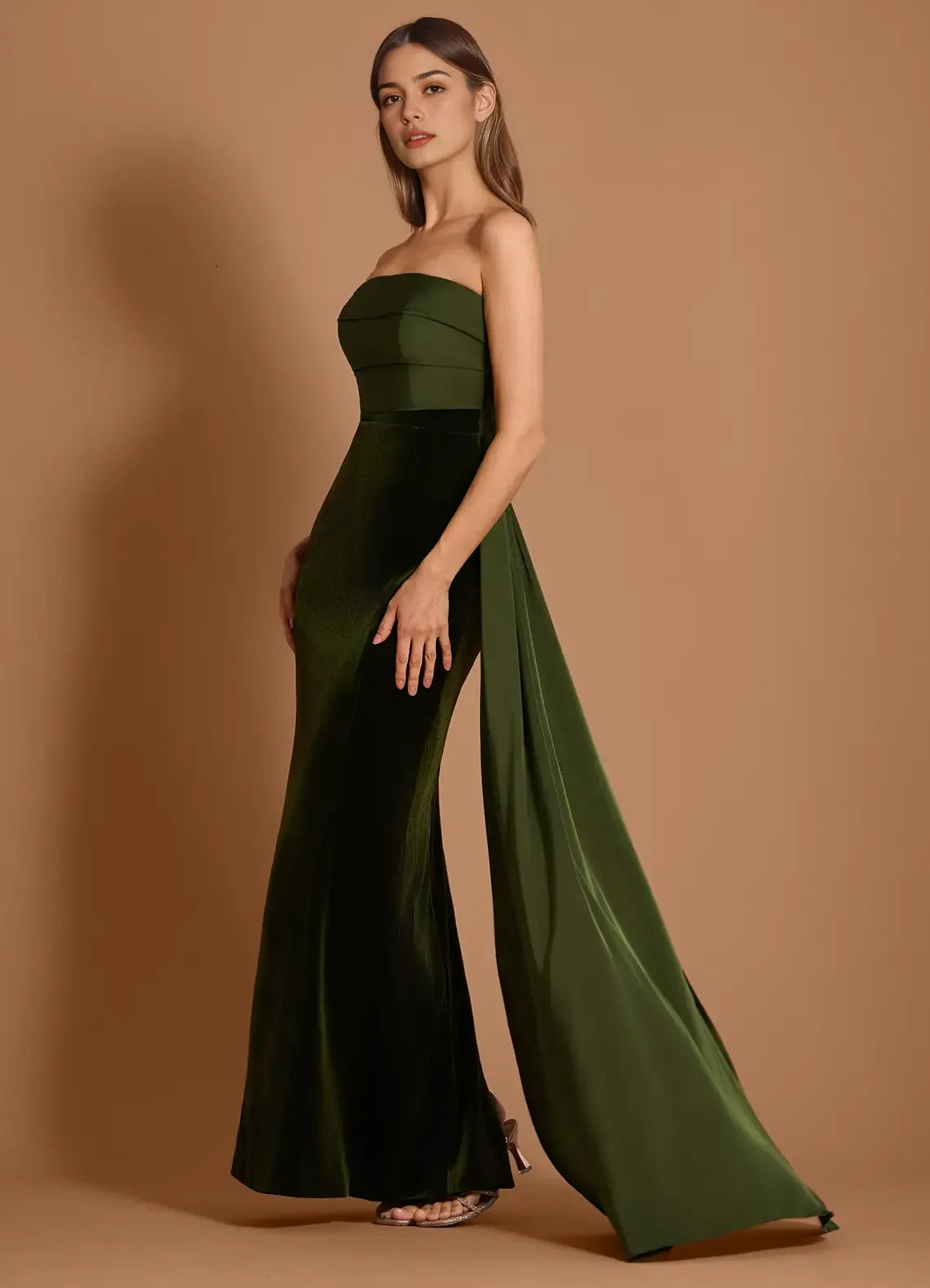 Mermaid Strapless Velvet Satin Olive Maxi Evening Dress With Streamer