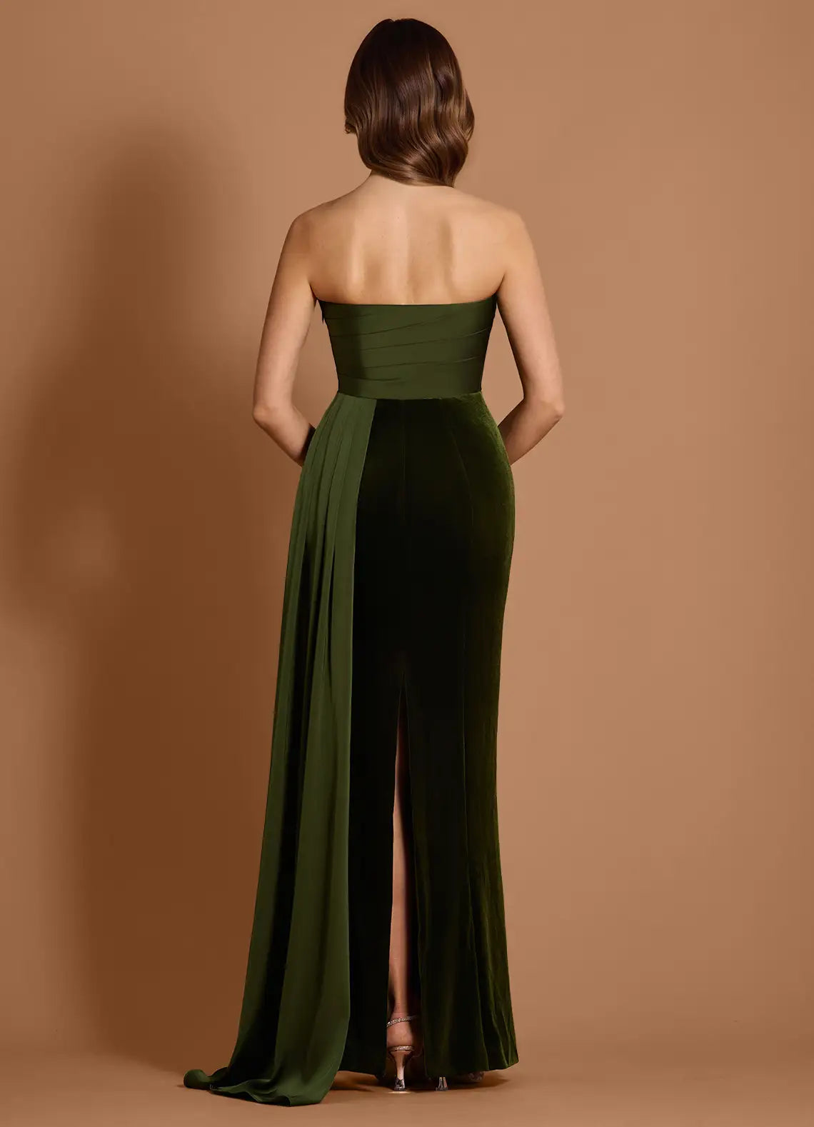 Mermaid Strapless Velvet Satin Olive Maxi Evening Dress With Streamer