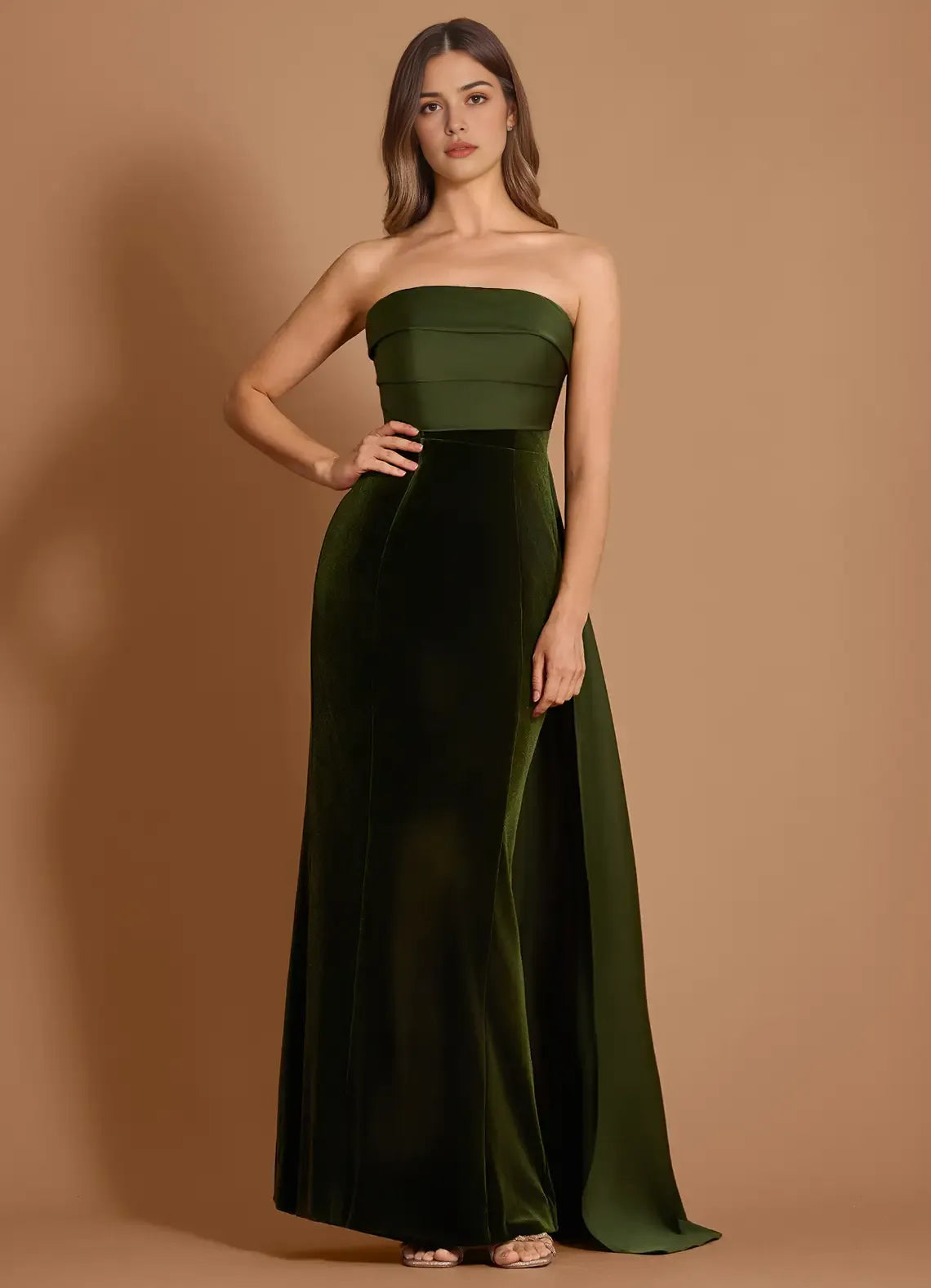 Mermaid Strapless Velvet Satin Olive Maxi Evening Dress With Streamer