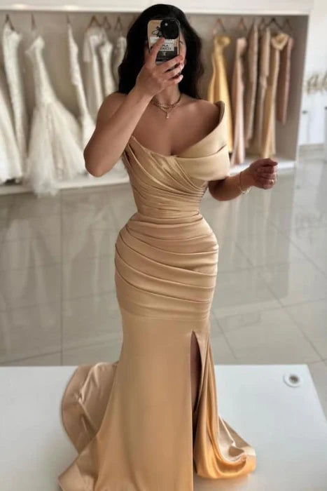 Mermaid Stylish Gold Satin Off-the-Shoulder Ruched Backless Prom Dress With Short Train