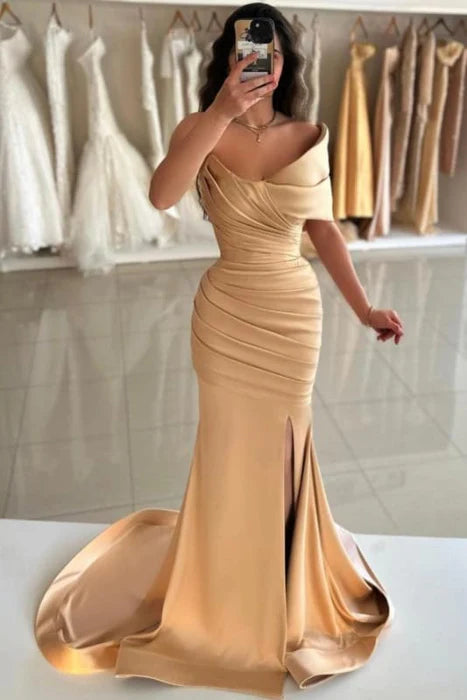 Mermaid Stylish Gold Satin Off-the-Shoulder Ruched Backless Prom Dress With Short Train