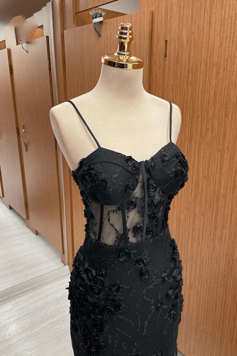 Mermaid Sweetheart Appliques Sheer Waist Tulle Black Long Evening Dress