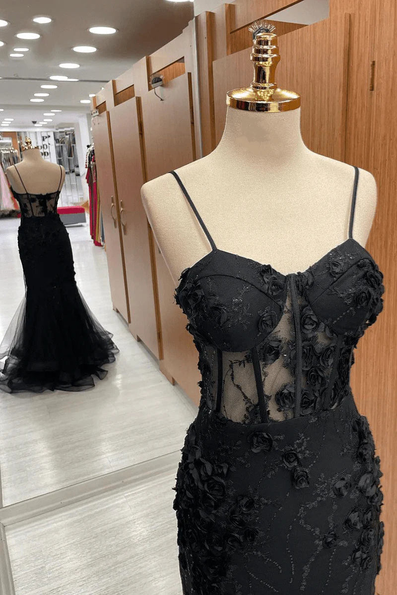 Mermaid Sweetheart Appliques Sheer Waist Tulle Black Long Evening Dress