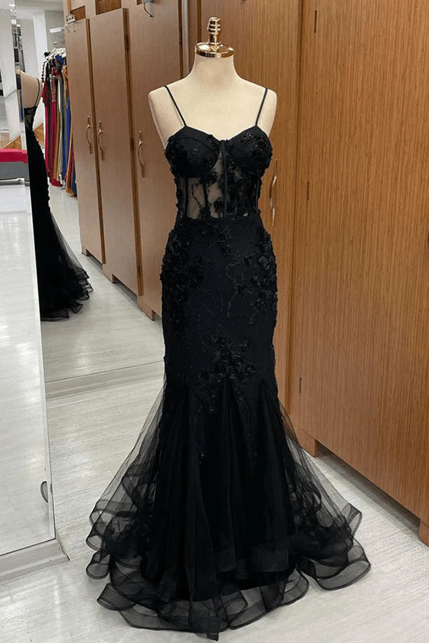 Mermaid Sweetheart Appliques Sheer Waist Tulle Black Long Evening Dress
