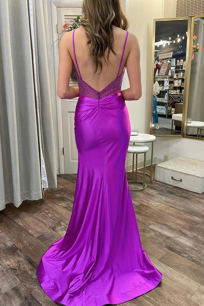 Mermaid Sweetheart Beaded Satin Purple Long Prom Dress Evening Dress
