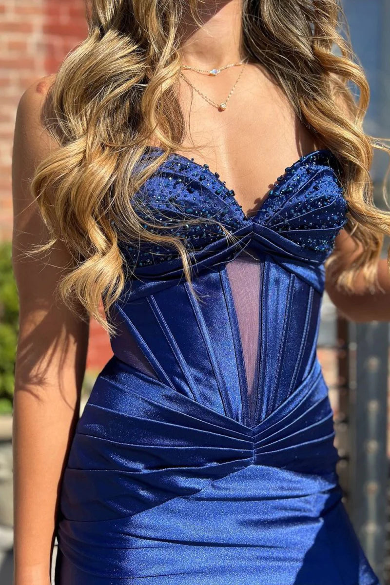 Mermaid Sweetheart Beaded Satin Royal Blue Long Prom Dress With Slit