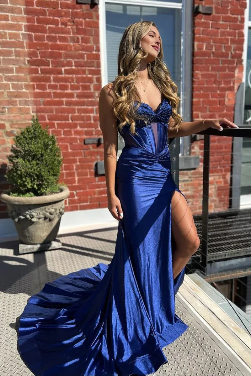 Mermaid Sweetheart Beaded Satin Royal Blue Long Prom Dress With Slit
