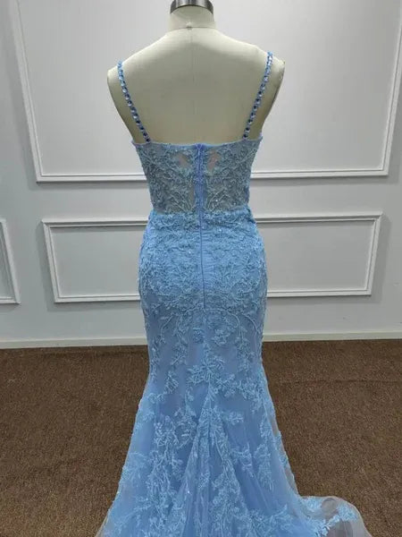 Mermaid Sweetheart Corset Beaded Floral Lace Light Blue Long Prom Dress