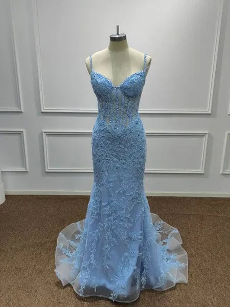 Mermaid Sweetheart Corset Beaded Floral Lace Light Blue Long Prom Dress
