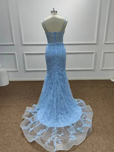 Mermaid Sweetheart Corset Beaded Floral Lace Light Blue Long Prom Dress