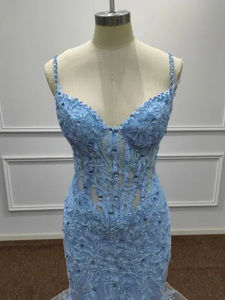 Mermaid Sweetheart Corset Beaded Floral Lace Light Blue Long Prom Dress