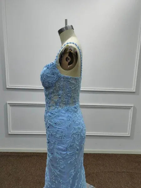 Mermaid Sweetheart Corset Beaded Floral Lace Light Blue Long Prom Dress